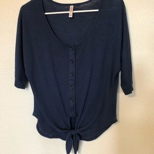 Navy button blouse with waist tie